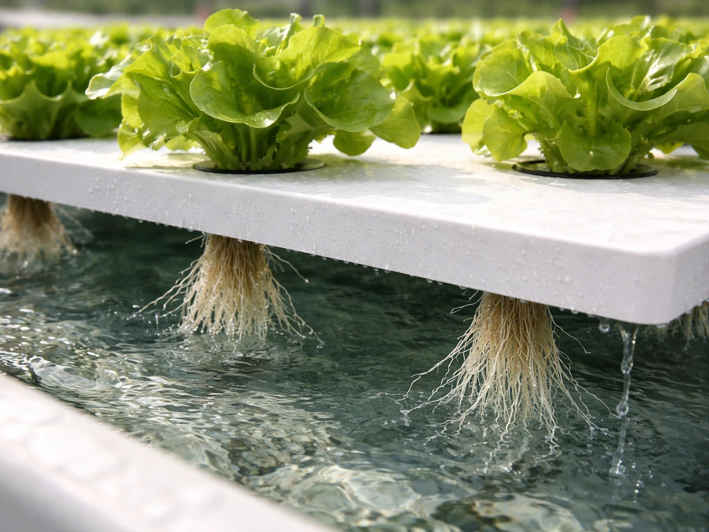 Close-up of hydroponic lettuce roots and crisp young leaves in a raft system with flowing nutrient water.