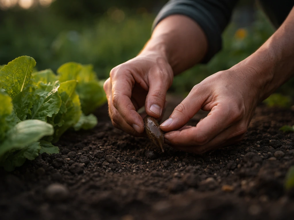 Gardener at dusk handpicking slugs near a small lettuce bed in the garden.