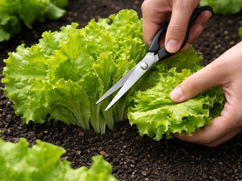 Hands using clean scissors to cut outer lettuce leaves close to the soil.