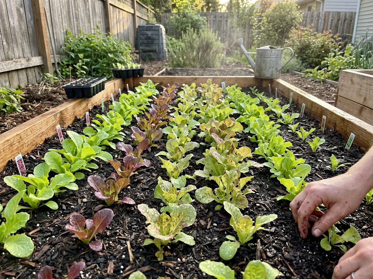 Garden lettuce bed with seedlings in early growth, showing the full lettuce growing cycle