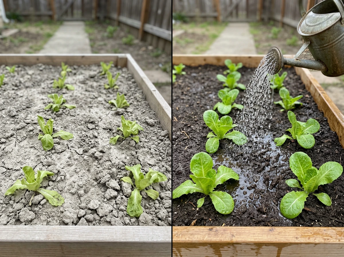 Moisture-focused soil and watering setup showing better lettuce conditions.
