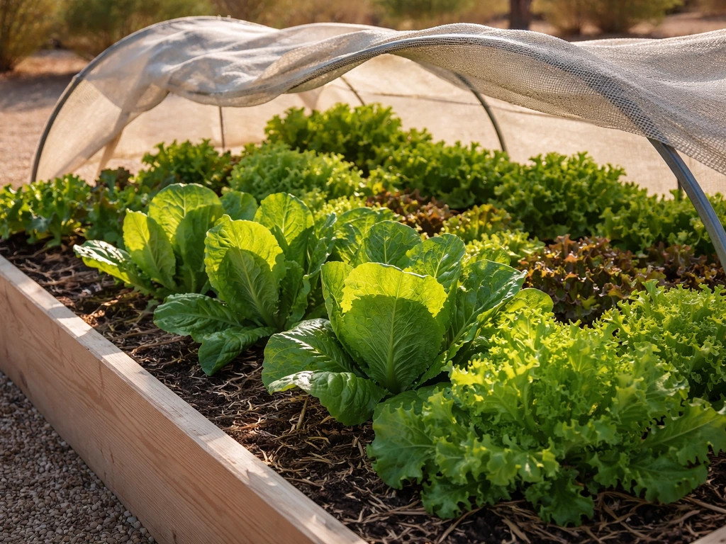 Crisp green lettuce thriving in a raised Arizona garden bed under light shade cloth, warm desert backdrop.