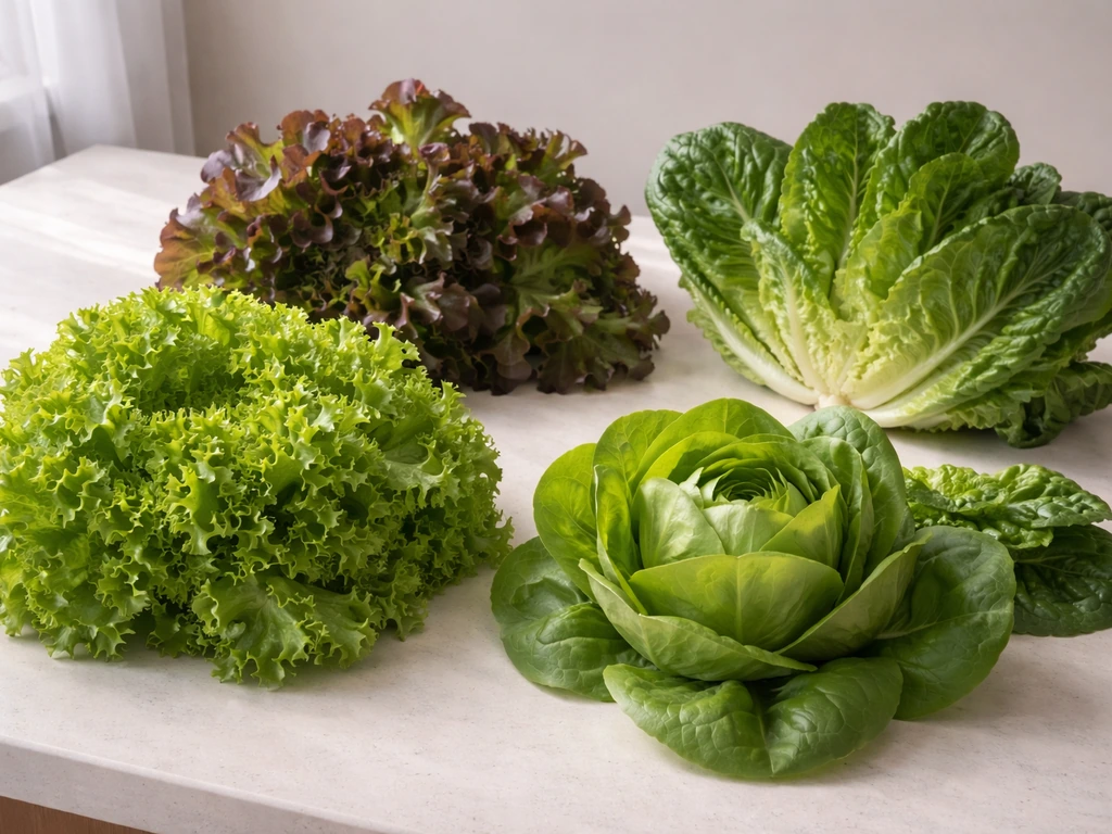 Assortment of freshly harvested lettuce varieties on a simple kitchen table, showing loose-leaf and other leaf textures.