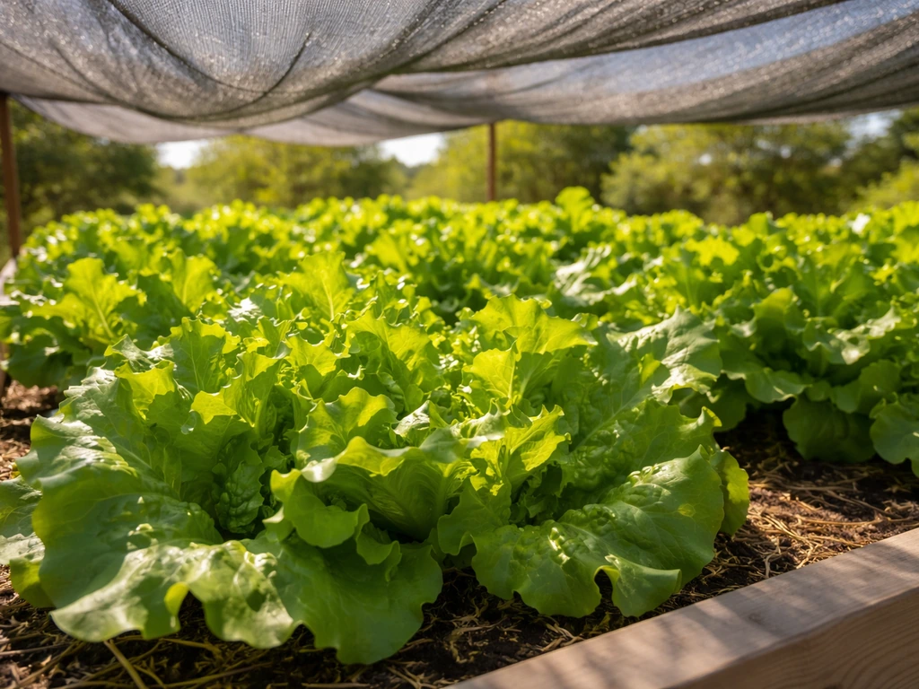 Lettuce plants thriving under 30–50% shade cloth with sun-dappled light in a simple garden bed