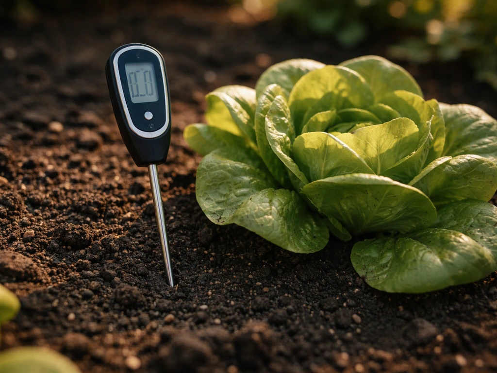 Soil thermometer beside a small butterhead lettuce plant with afternoon shade on the leaves.