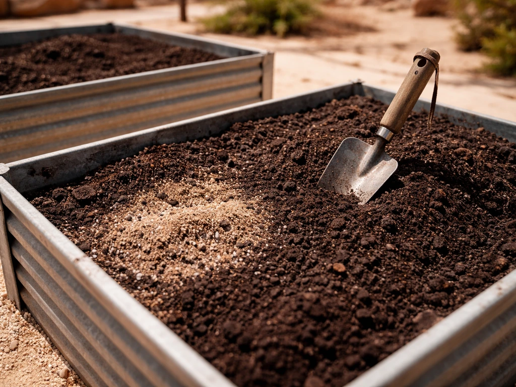 Close-up of compost-amended raised bed soil with subtle salt crust on native soil surface.