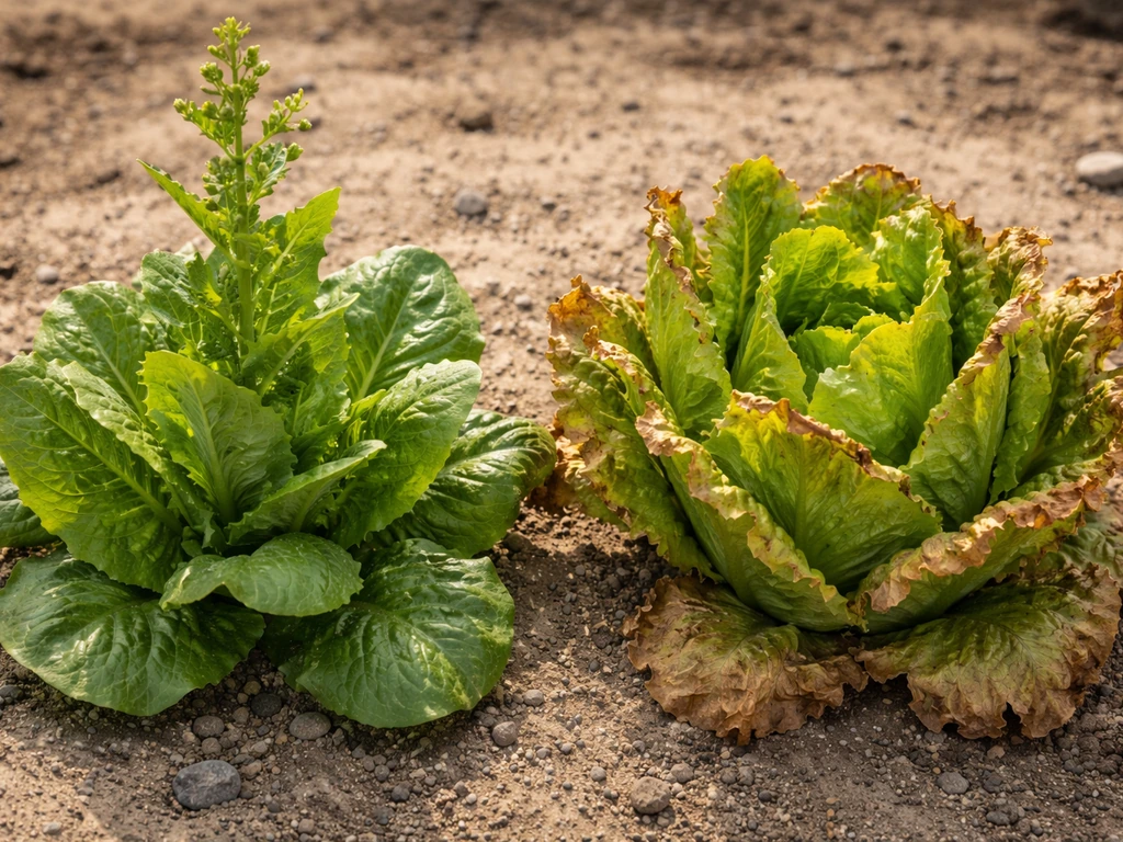 Close-up of two lettuce plants: one with an early flower stalk and one with scorched, tip-burned leaves.