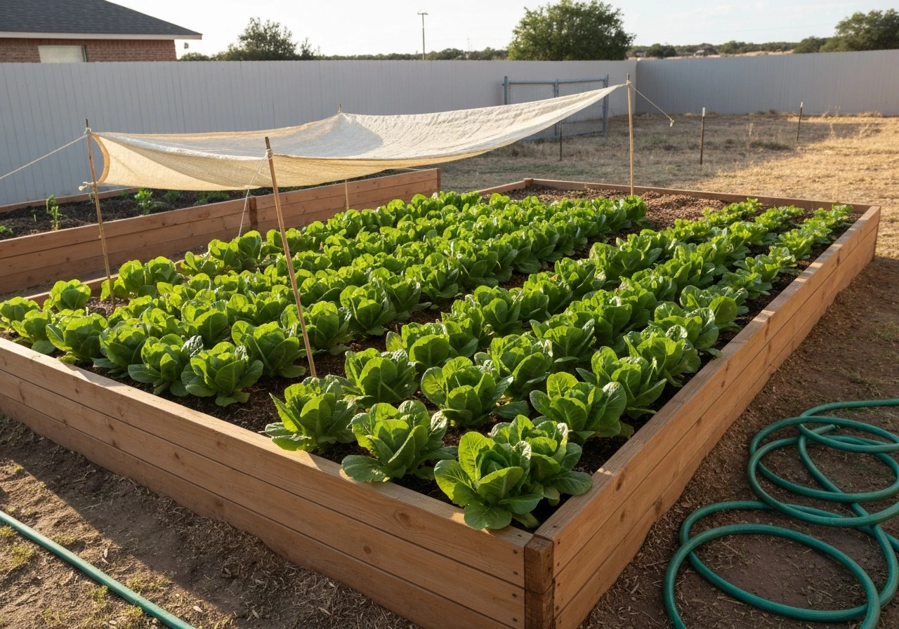 Home garden with romaine lettuce in Texas-style raised beds, cool shade setup to help prevent bolting.