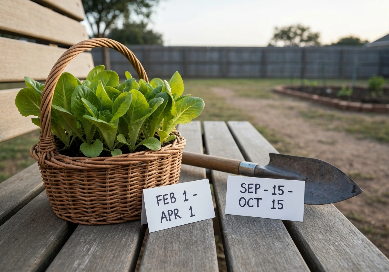 Close-up of romaine seedlings on a garden bench with two plain cards showing spring and fall planting windows.