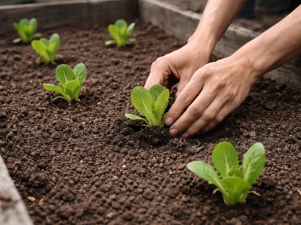 Hands placing romaine seedlings into a raised bed, showing spacing and loose soil texture.