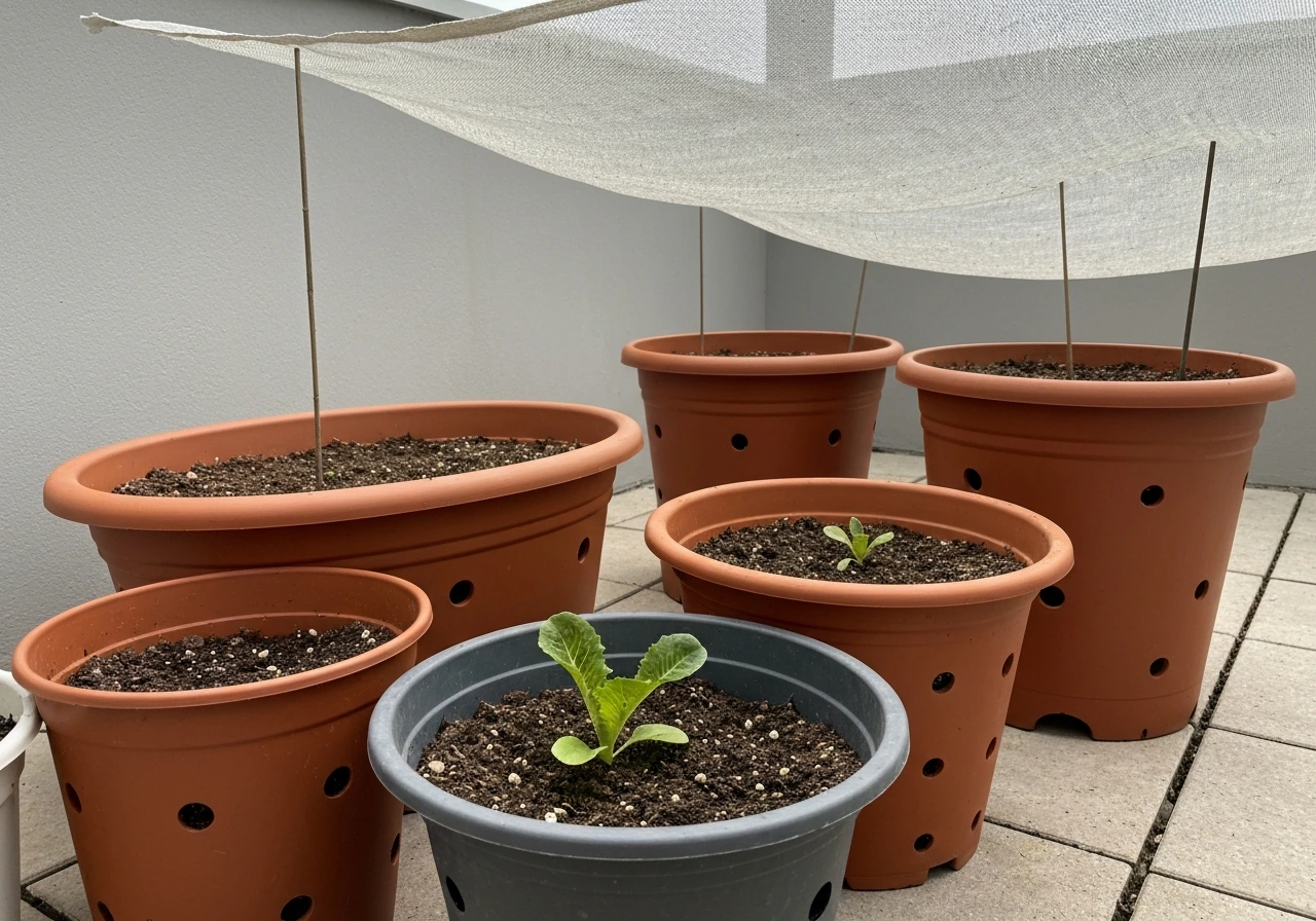 Outdoor pots with drainage holes and visible soil mix, shaded by cloth, with young romaine plants