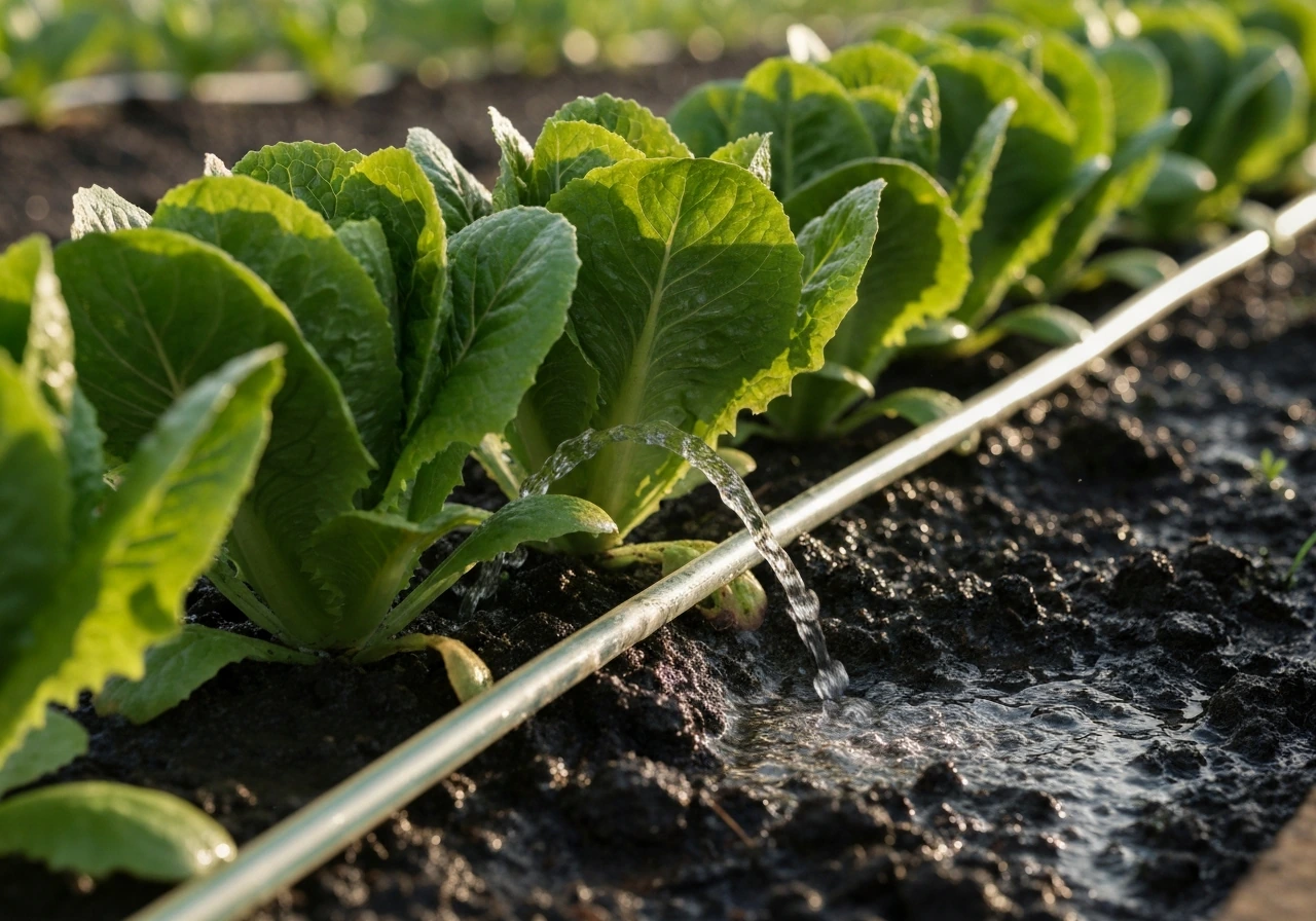 Romaine lettuce being watered at soil level by a soaker hose in the early morning