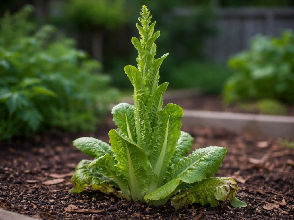 Romaine lettuce plant in a garden bed showing bolting with a tall central stalk and smaller forming leaves.