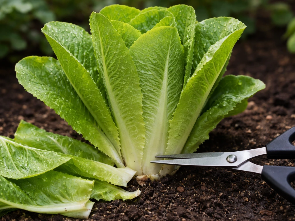 Close-up of romaine lettuce with scissors snipping outer leaves, showing fresh green leaf texture.