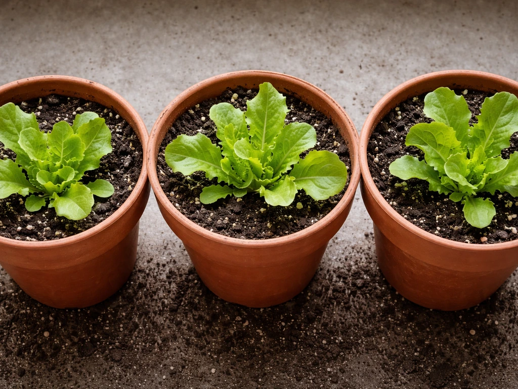Overhead view of fresh lettuce seedlings in soil-filled terracotta pots arranged in a simple row.