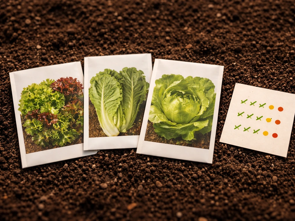 Three lettuce seed packets on soil with a small dot-and-mark card suggesting maturity and heat tolerance.