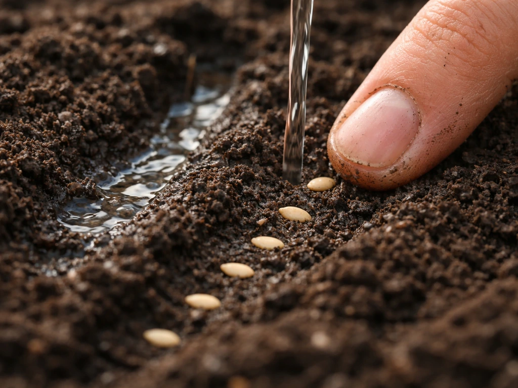 Close-up of lettuce seeds pressed into moist soil and gently watered at shallow depth.