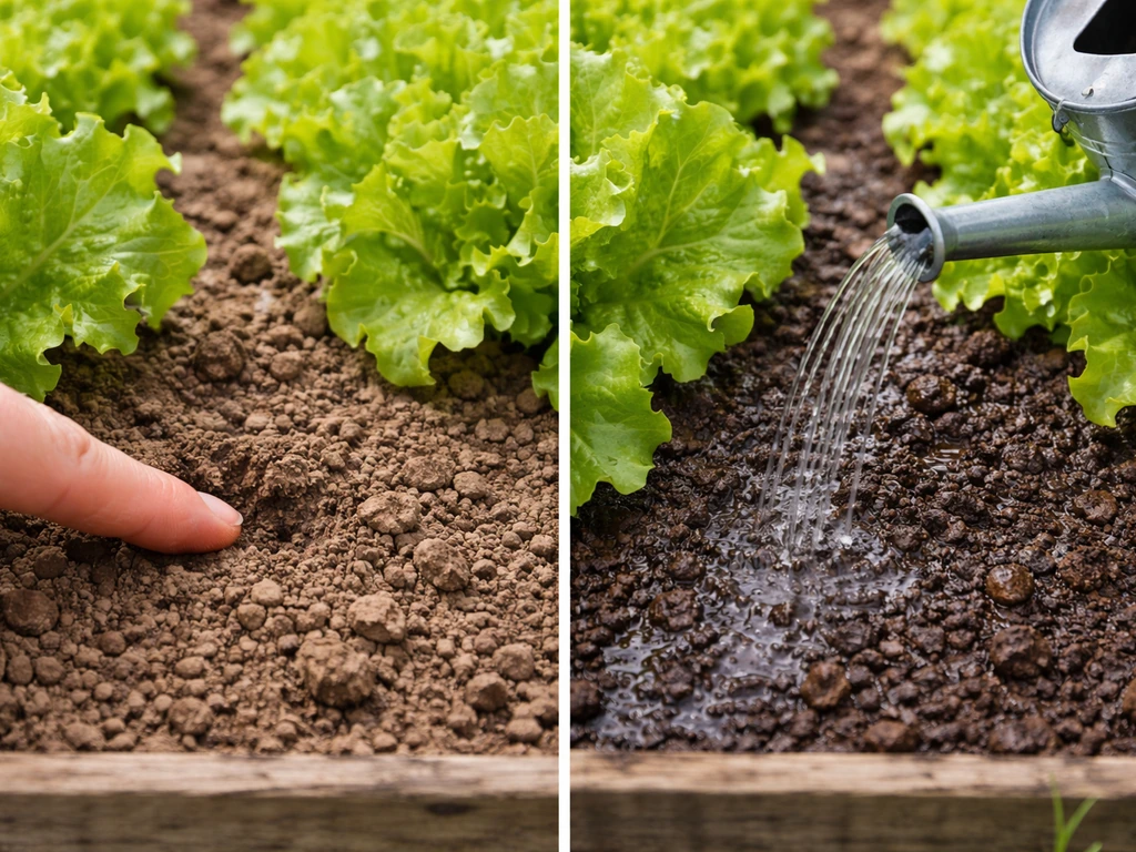 Split view of lettuce soil: finger checks dry vs moist, then watering can pours evenly.