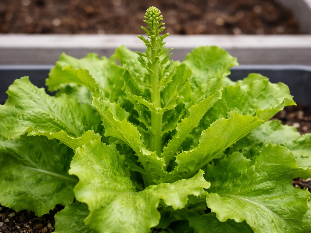 Close-up of lettuce leaves with one clear bolting sign: a tall central stalk emerging.