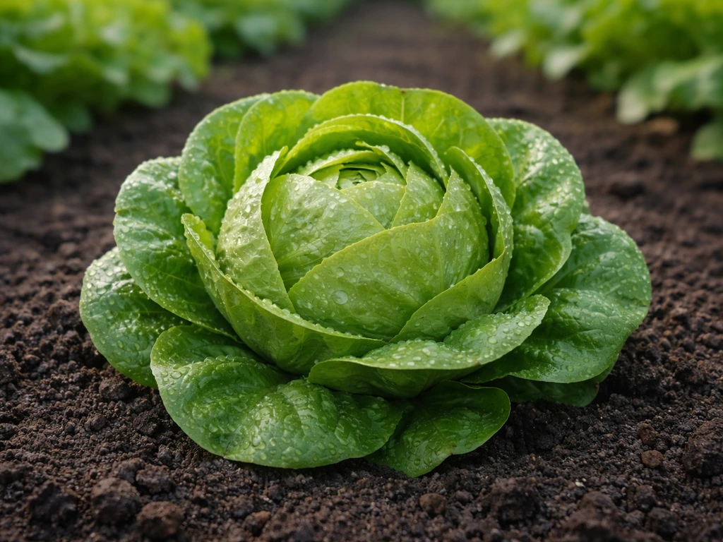 Crisp round lettuce head with dew in garden soil, tightly formed and ready for harvest.
