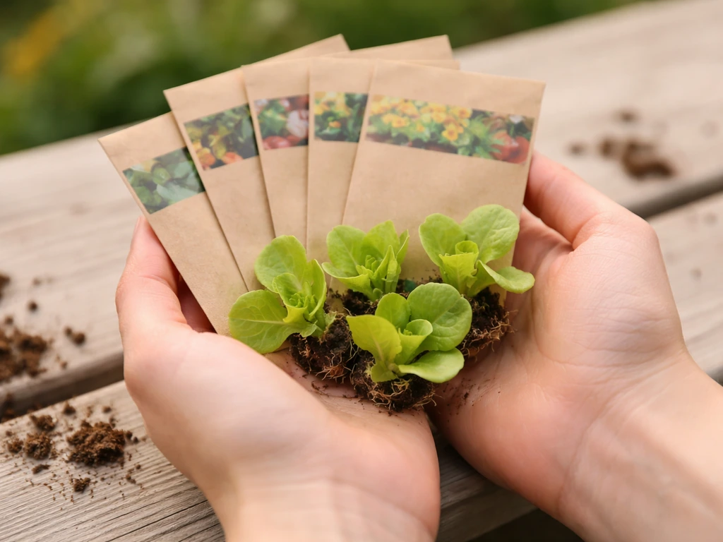 Hands holding several seed packets and small butterhead lettuce seedlings in a simple garden setting