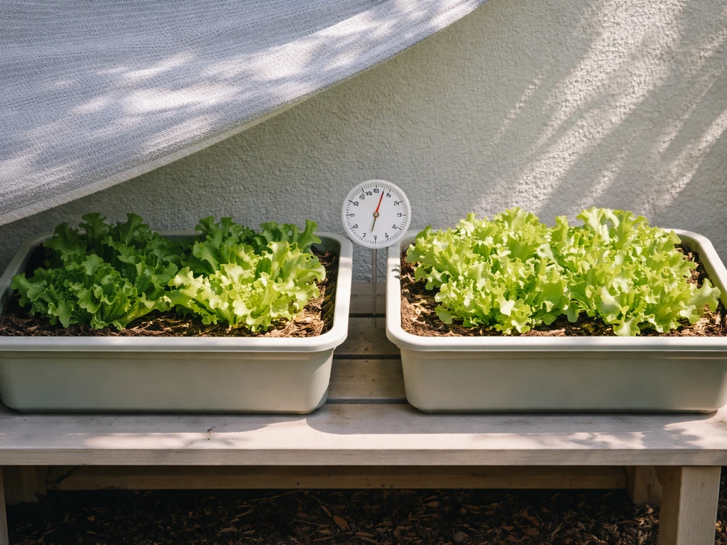 Lettuce in planters under shade cloth and in full sun, with an outdoor thermometer nearby.
