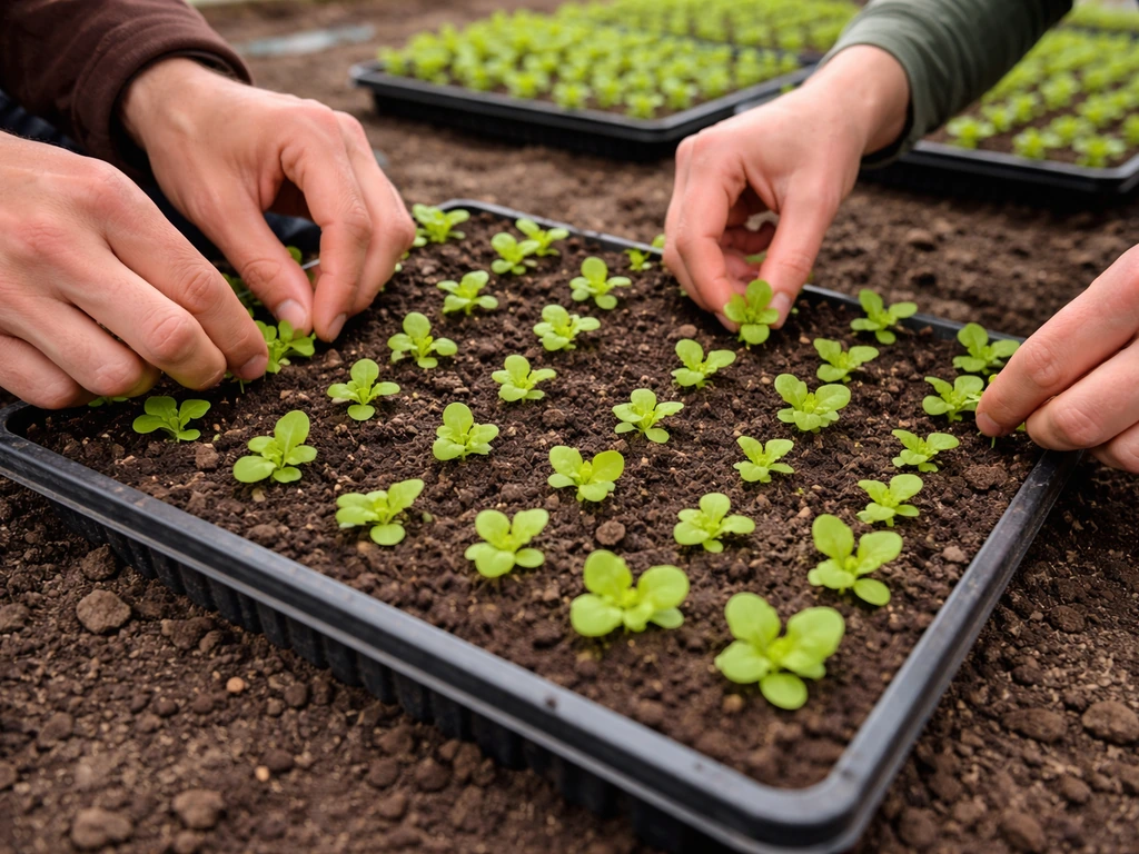 Hands gently thin round lettuce seedlings in a tray, showing correct spacing in neat rows.