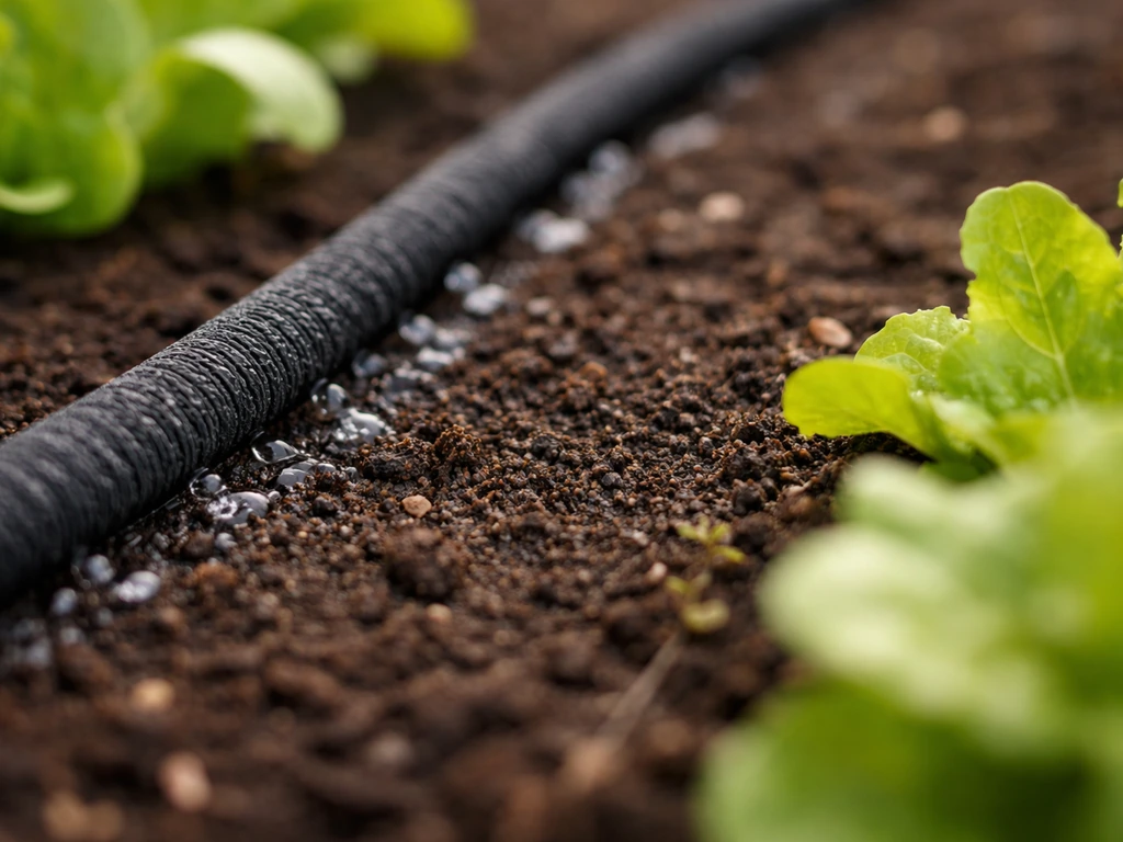 Soaker hose watering lettuce soil steadily, showing moist earth without puddles.