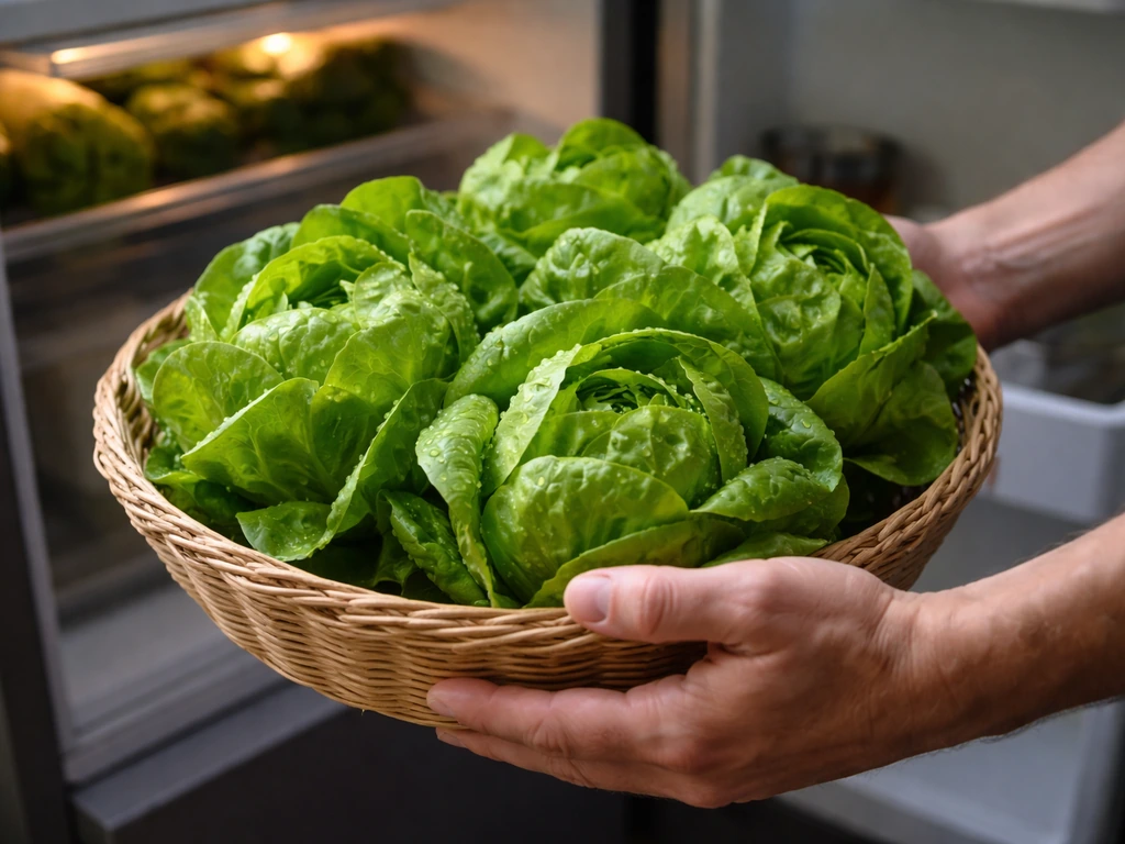 Hands carrying freshly harvested butterhead lettuce to a refrigerator, leaves cool with condensation.