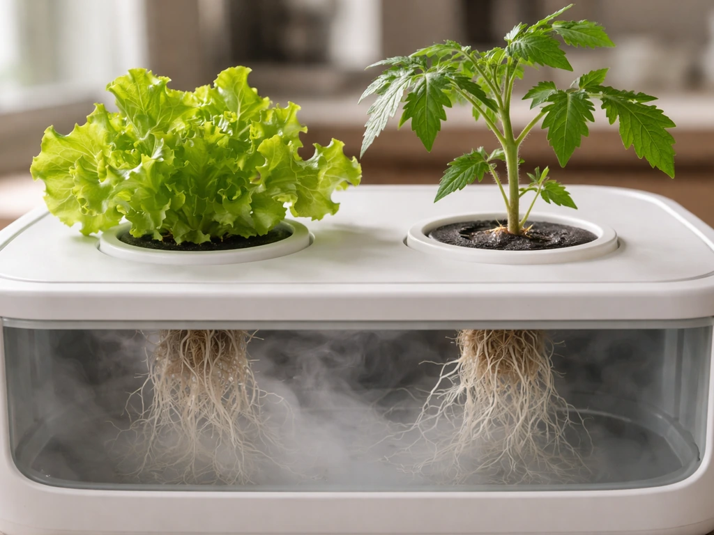 Lettuce and tomato plants thriving together in an aeroponic grow pod system with visible misty reservoir