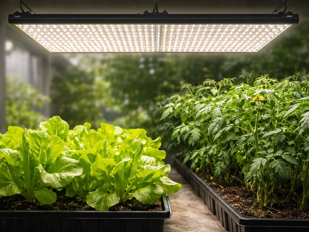 Close-up of lettuce near an LED grow panel and tomato canopy set farther back to reduce blocking.