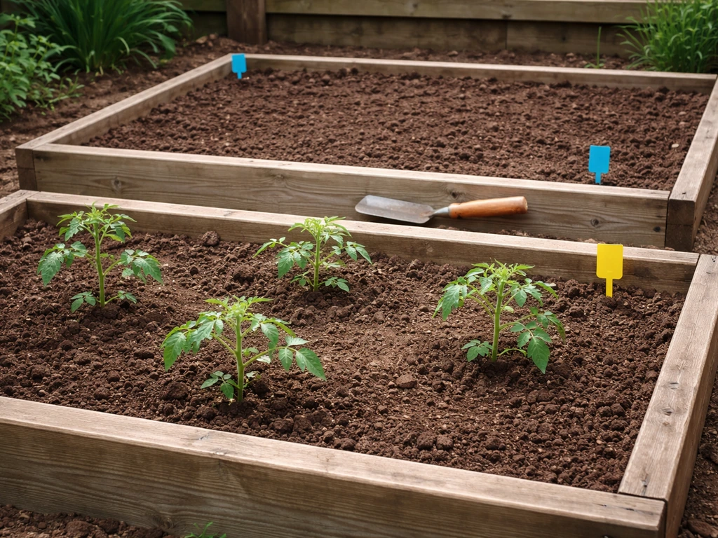 Minimal backyard planters showing tomato seedlings planted first, with a second empty bed ready for later lettuce.