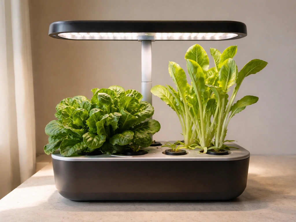 Healthy leafy lettuce and leggy pale lettuce side by side in an Aerogarden under bright light