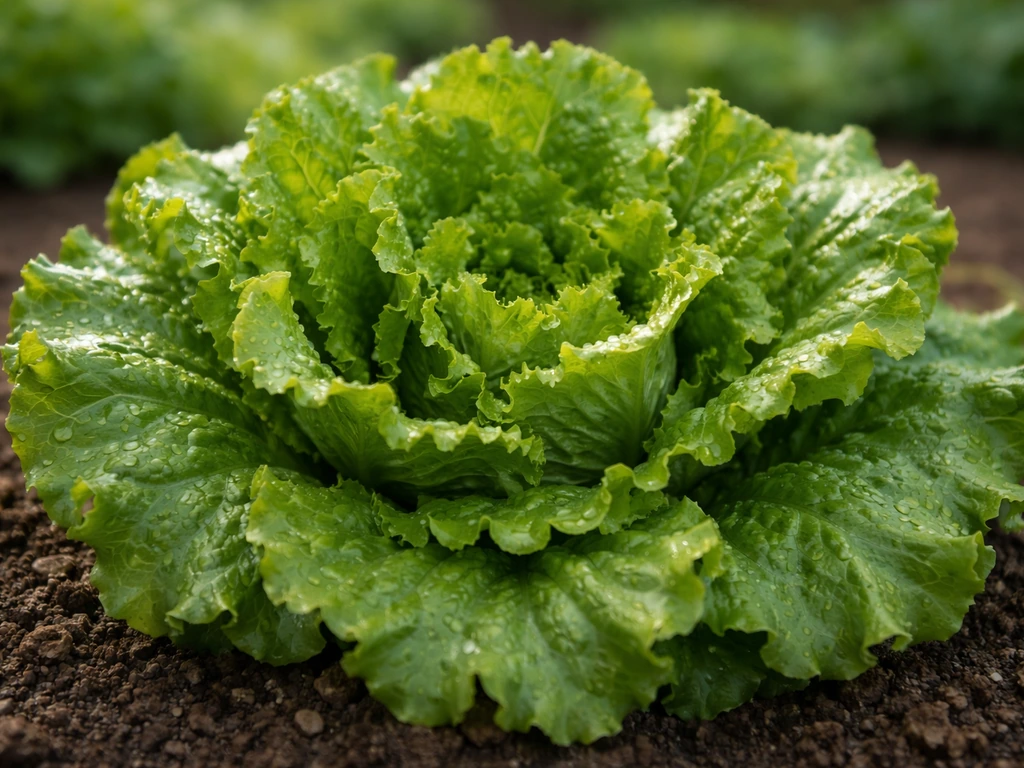 Large crinkled loose leaves of Grand Rapids lettuce in a rosette, dewy and fresh in a garden setting