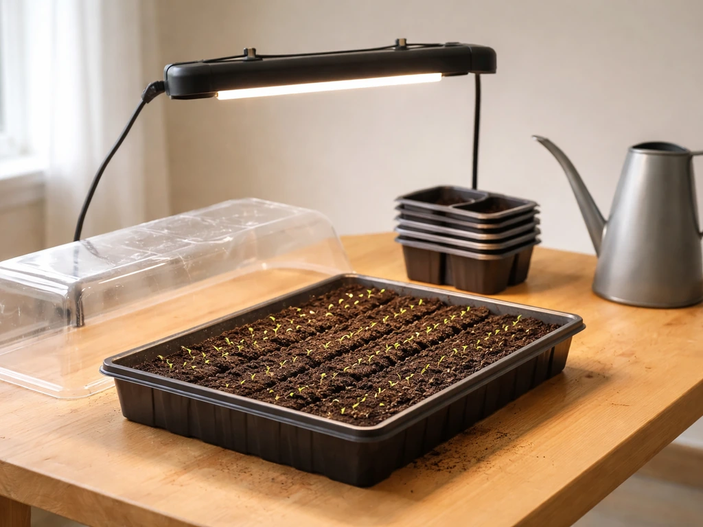 Lettuce seed-starting trays under a grow light with soil moisture and seedlings emerging.