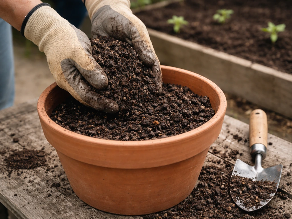 Hands placing potting mix into a container while a trowel measures planting depth beside spaced seedlings.