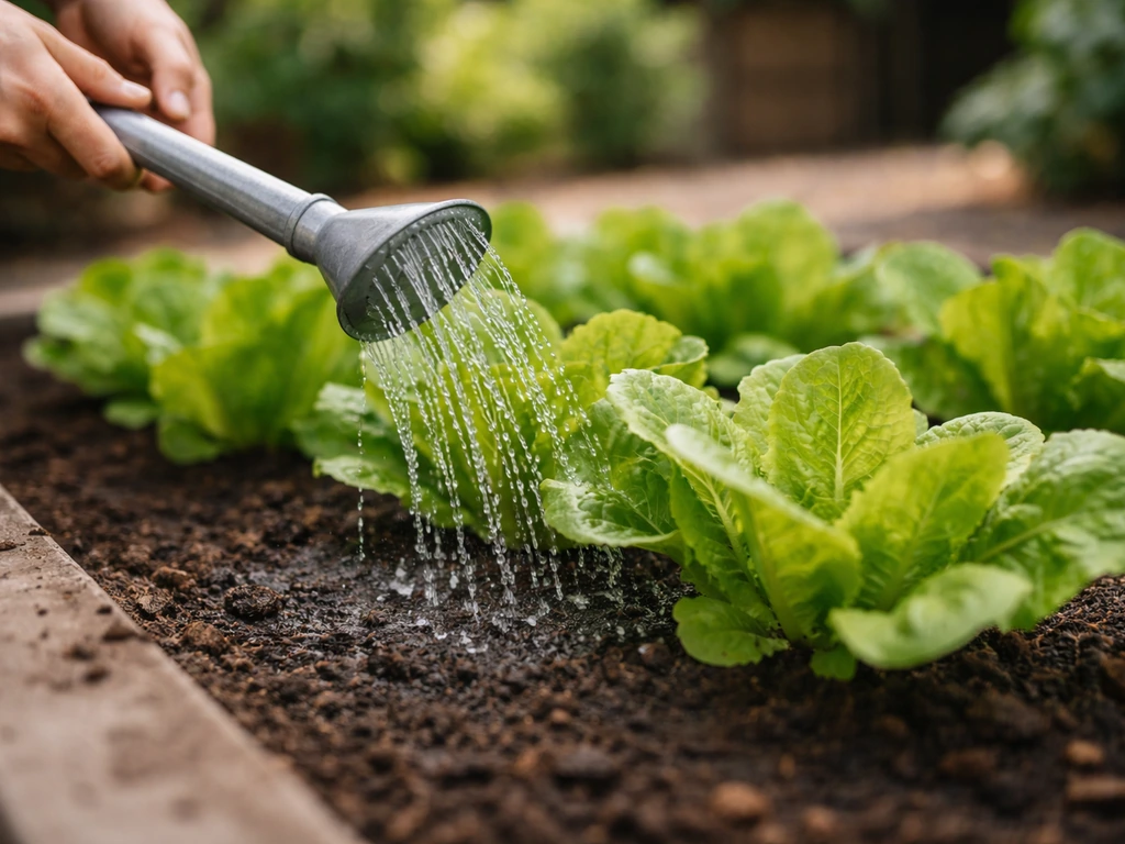 Garden hand watering lettuce at soil level in partial shade, soil stays evenly moist.