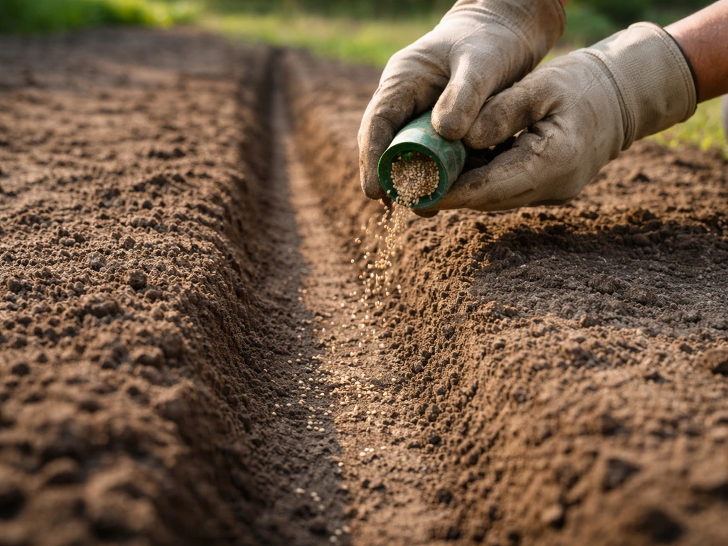 Gardener’s hands dropping lettuce seeds into shallow furrows in moist soil, lightly covered outdoors