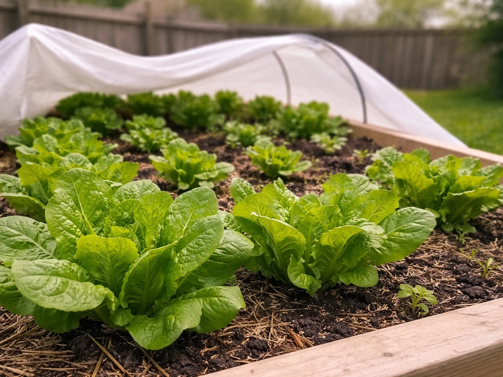 Fresh lettuce growing in a raised garden bed with light row cover in mild spring/fall weather.