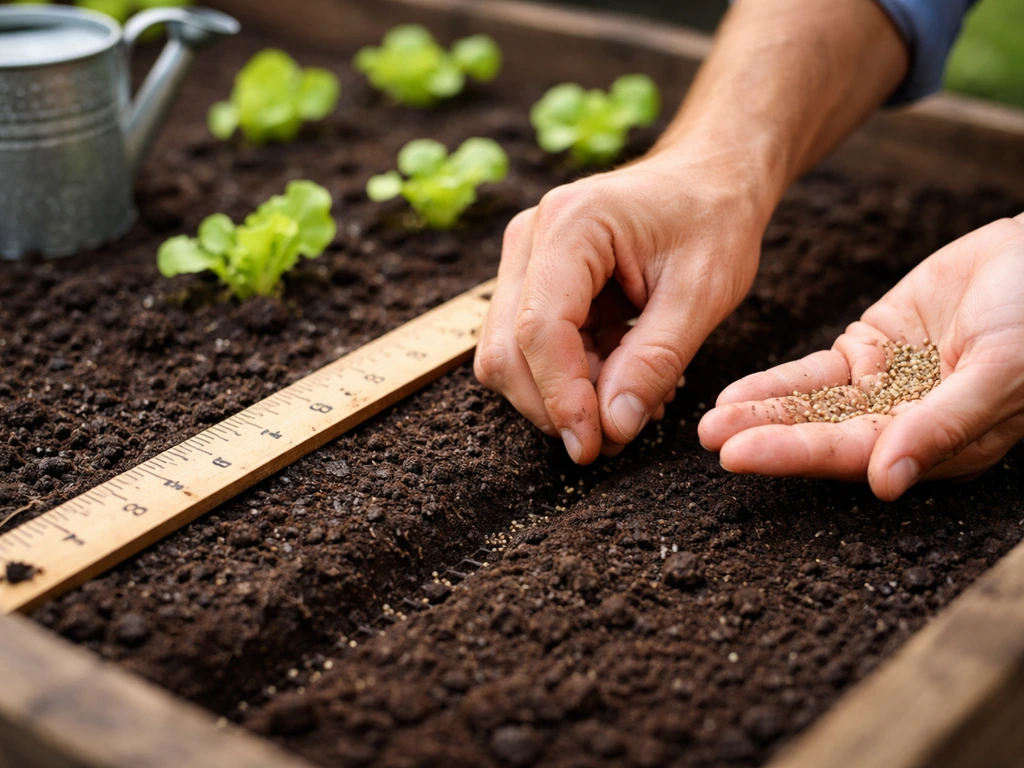 Gardener’s hands sowing lettuce seeds in a raised bed with a ruler/tape to imply spacing.