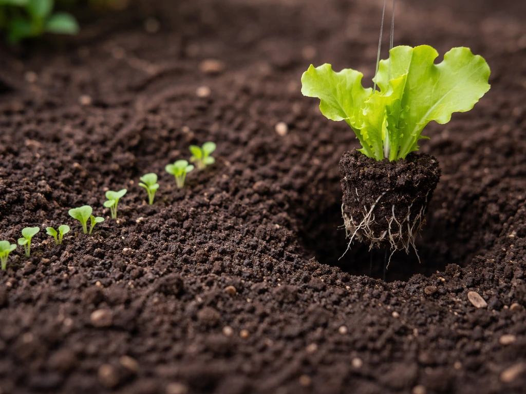 Two lettuce seedlings—one transplanted with roots visible and one from nearby sown row—planted in Oklahoma garden soil.