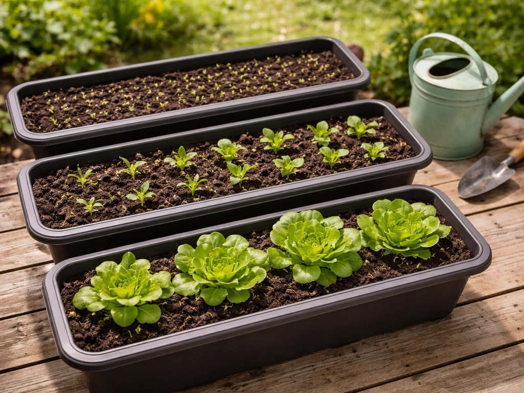 Garden containers with lettuce at different growth stages, spaced for staggered sowing every few weeks.