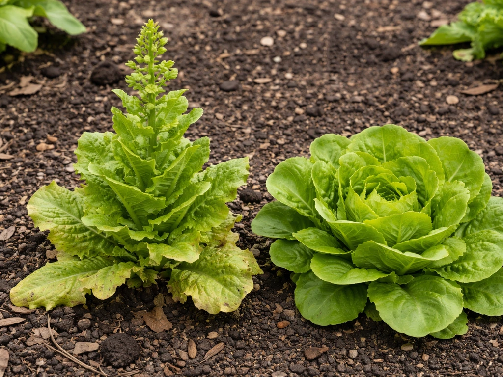 Bolting lettuce with an emerging flower stalk next to healthy compact lettuce plants.