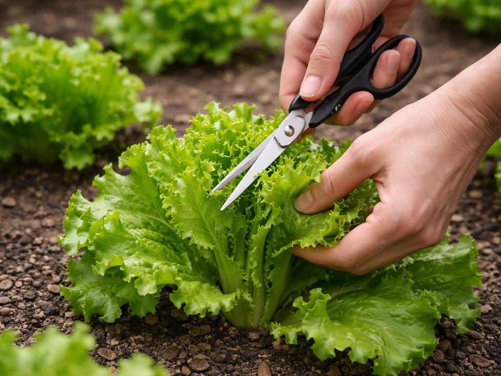 Hands use scissors to cut outer lettuce leaves at regrowth height in a small garden bed.