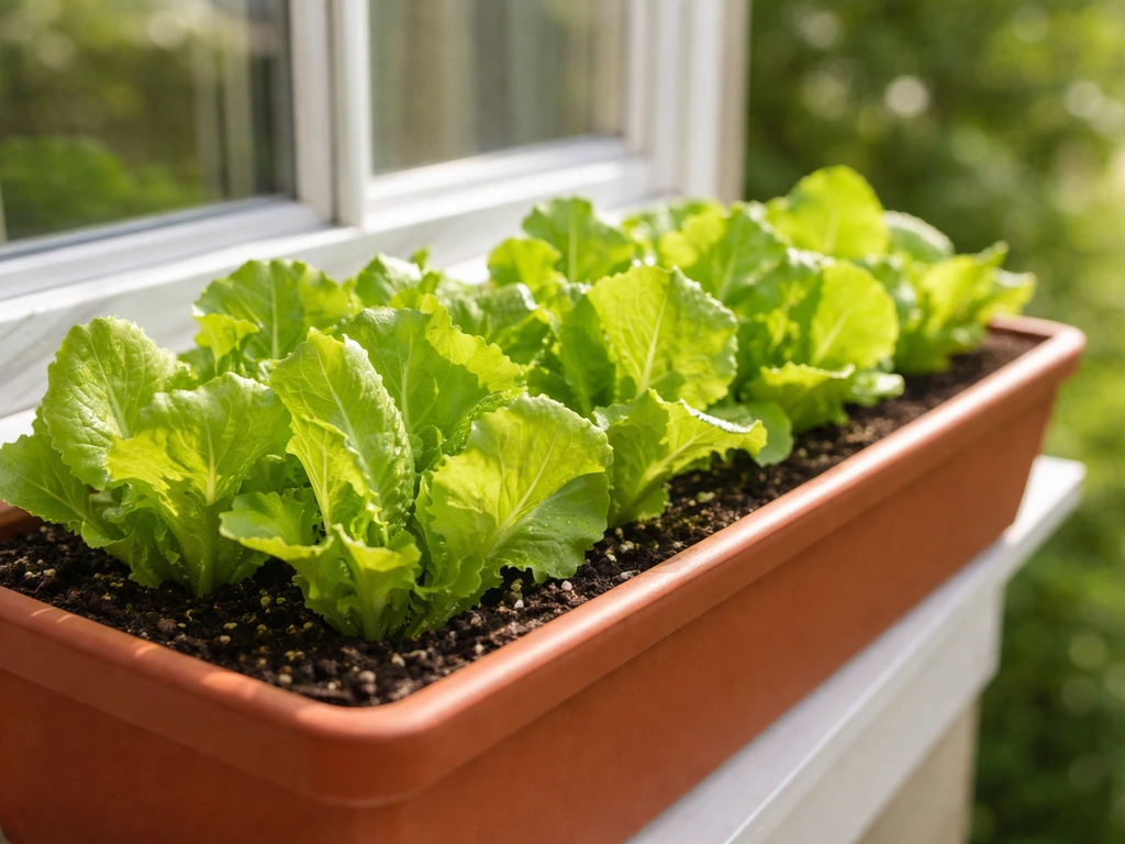 Sunlit window box filled with thriving lettuce plants beside a bright home window.