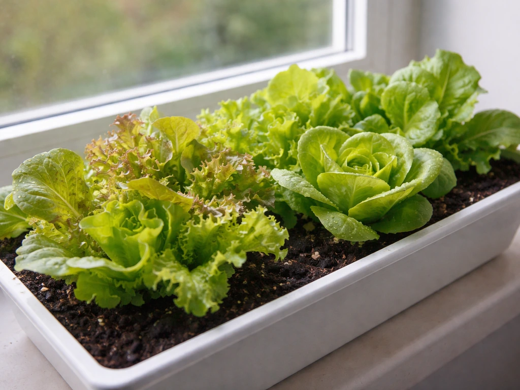 Loose-leaf and butterhead lettuce thriving in a shallow window box on a bright windowsill