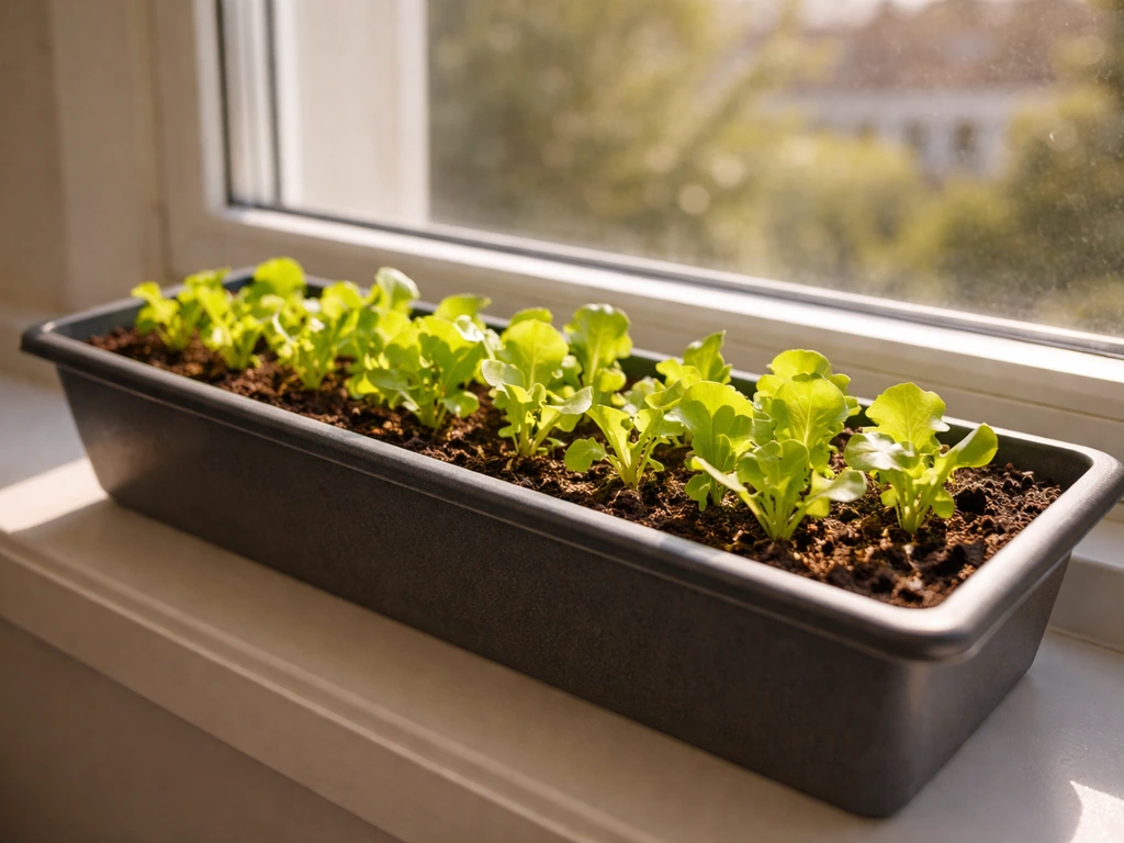 Young baby leaf lettuce seedlings in a window box angled to catch warm direct sunlight through a south-facing window.
