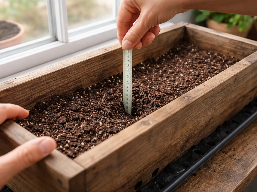 Hands measuring potting mix depth in a wooden window box with drainage holes visible below.