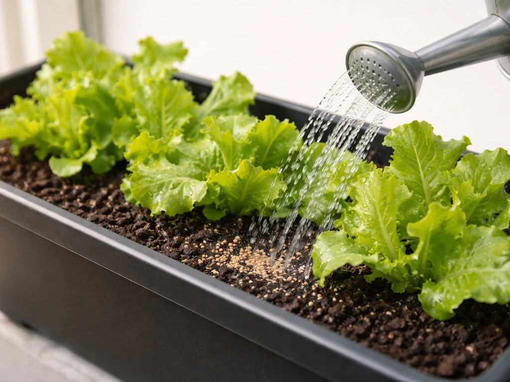A watering can gently moistens lettuce in a window box, with potting soil and droplets visible.