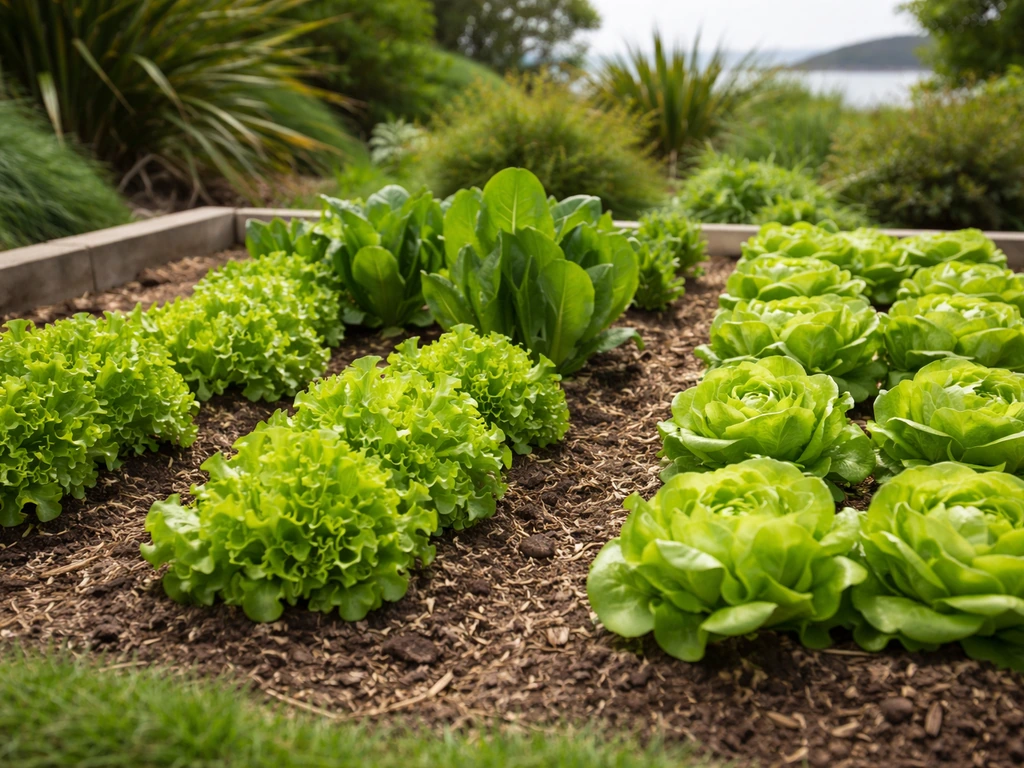 Three lettuce varieties growing in separated rows in an NZ garden bed.